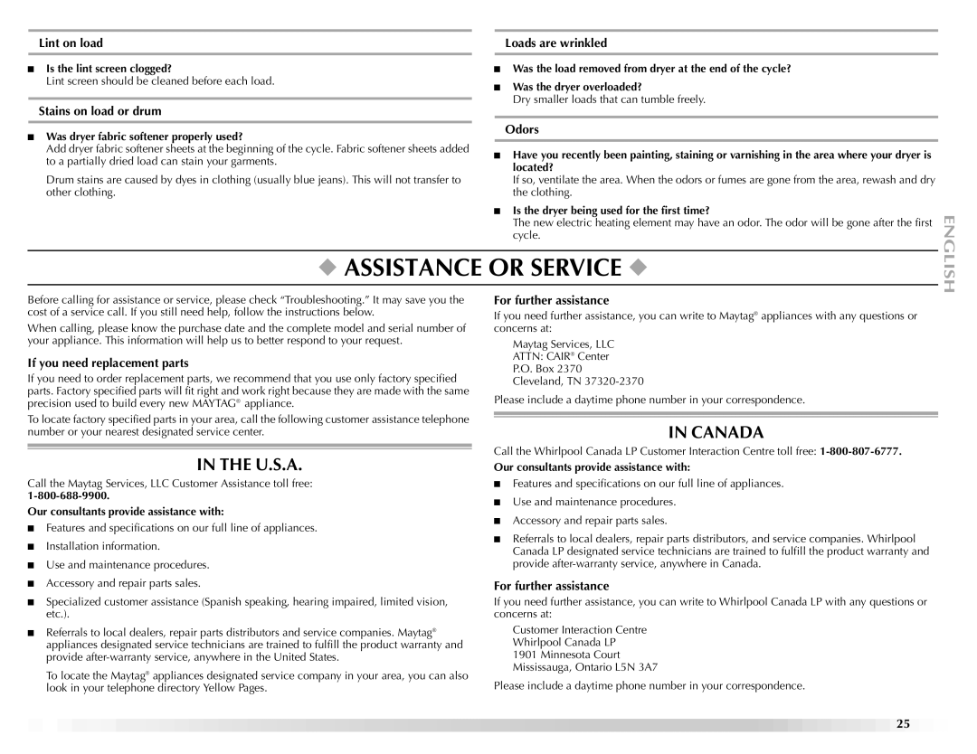 Maytag ELECTRIC DYER manual Assistance or Service, U.S.A, Canada 