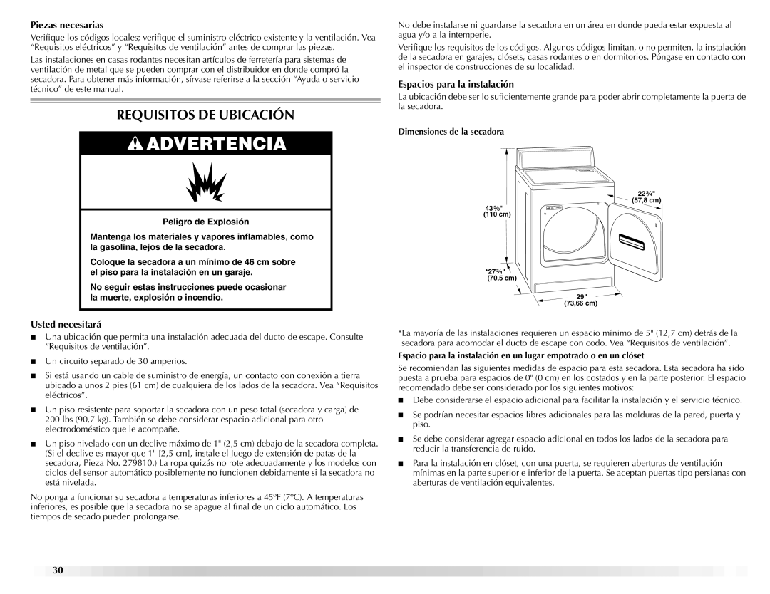 Maytag ELECTRIC DYER manual Requisitos DE Ubicación, Piezas necesarias, Espacios para la instalación, Usted necesitará 