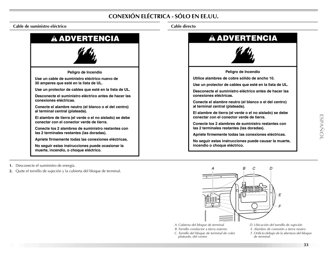 Maytag ELECTRIC DYER manual Conexión Eléctrica Sólo EN EE.UU, Cable de suministro eléctrico Cable directo 