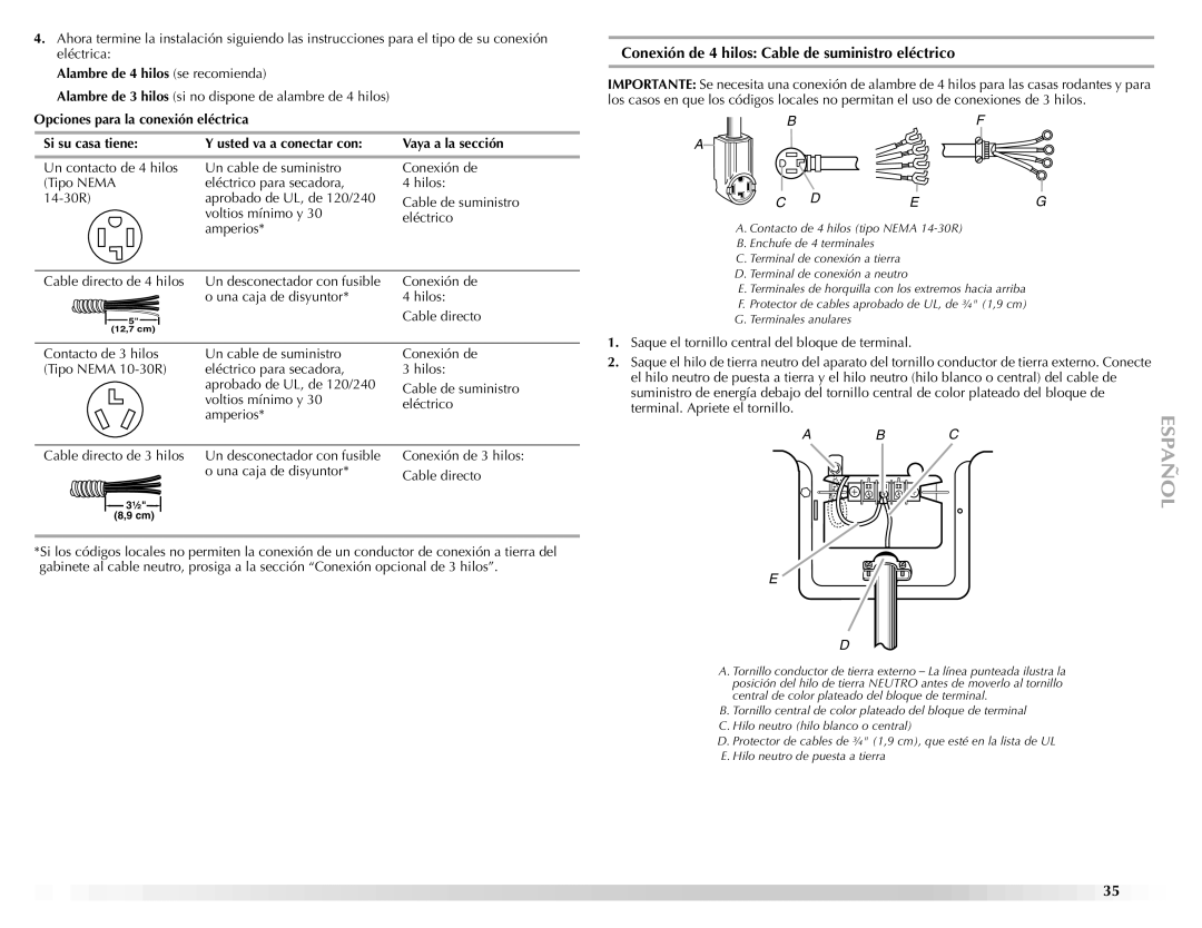 Maytag ELECTRIC DYER manual Conexión de 4 hilos Cable de suministro eléctrico, Alambre de 4 hilos se recomienda 