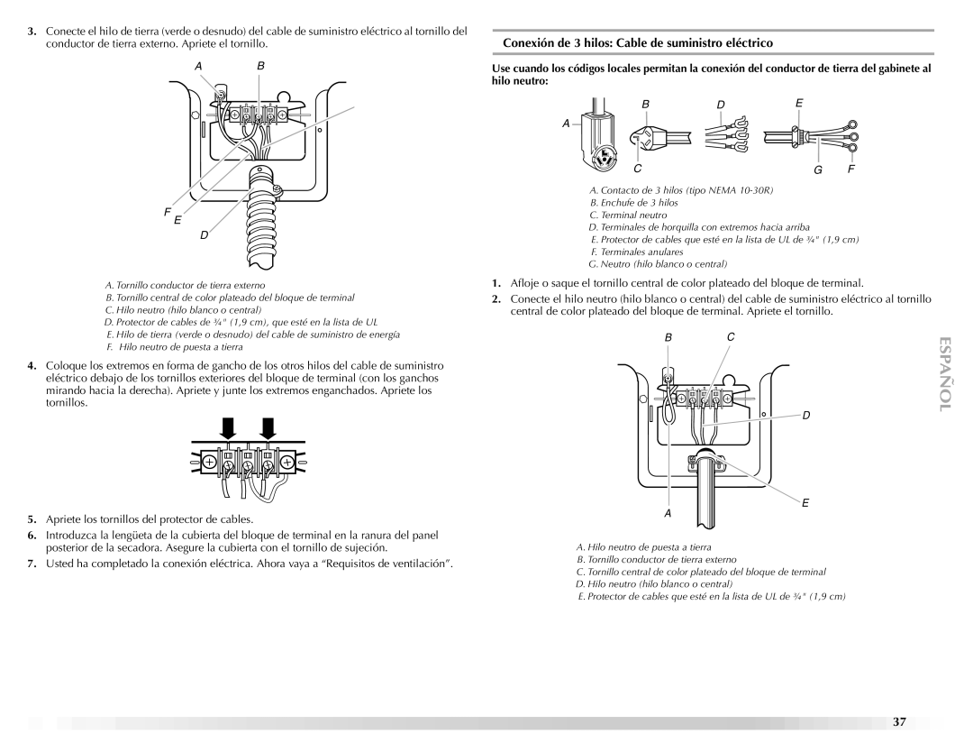 Maytag ELECTRIC DYER manual Conexión de 3 hilos Cable de suministro eléctrico 