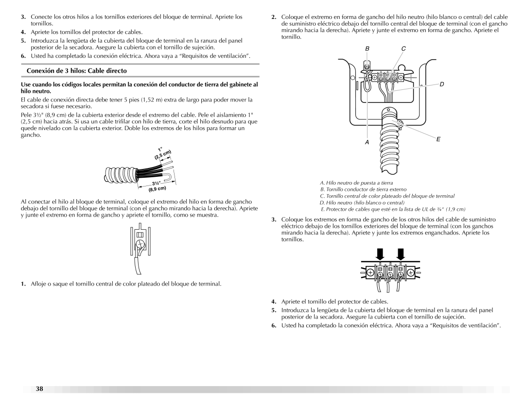 Maytag ELECTRIC DYER manual Conexión de 3 hilos Cable directo, ¹⁄₂ 