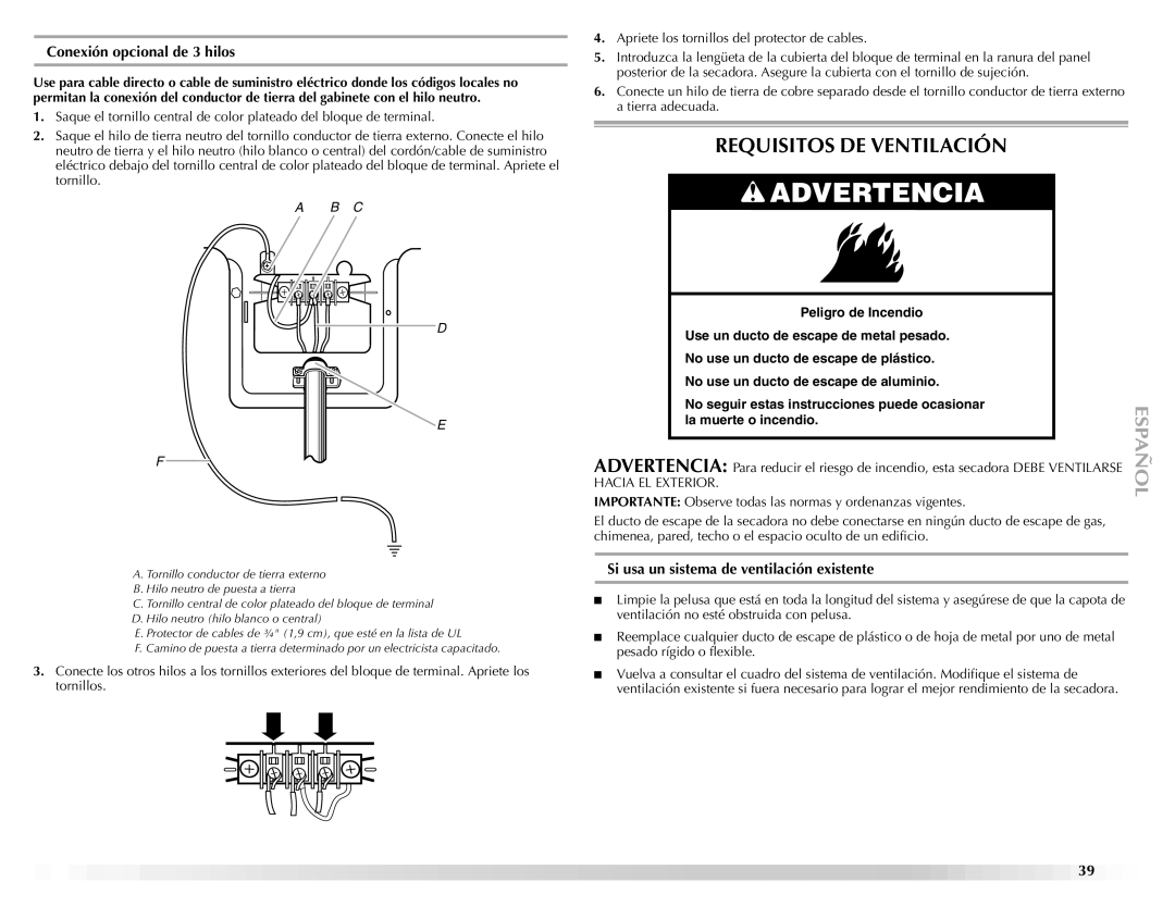 Maytag ELECTRIC DYER Requisitos DE Ventilación, Conexión opcional de 3 hilos, Si usa un sistema de ventilación existente 