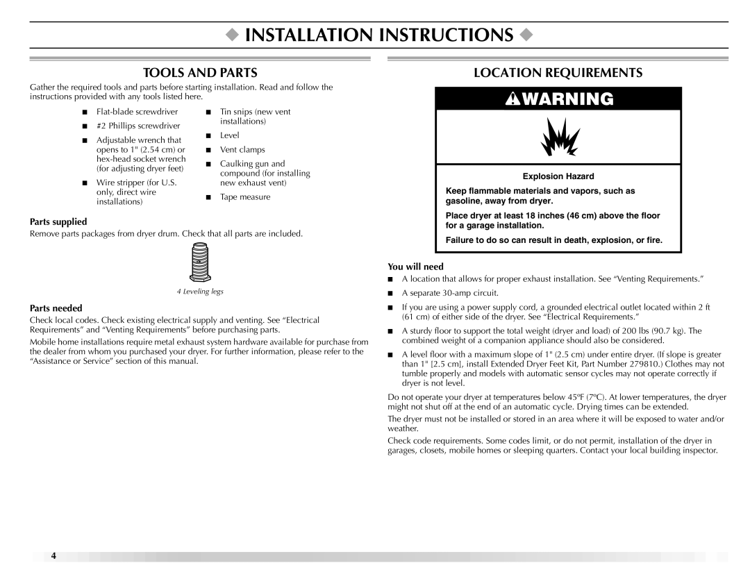 Maytag ELECTRIC DYER manual Installation Instructions, Tools and Parts, Location Requirements 