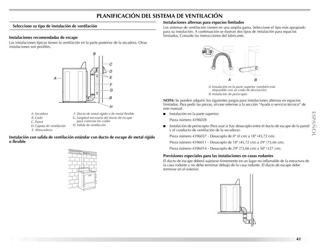 Maytag ELECTRIC DYER manual Planificación DEL Sistema DE Ventilación 