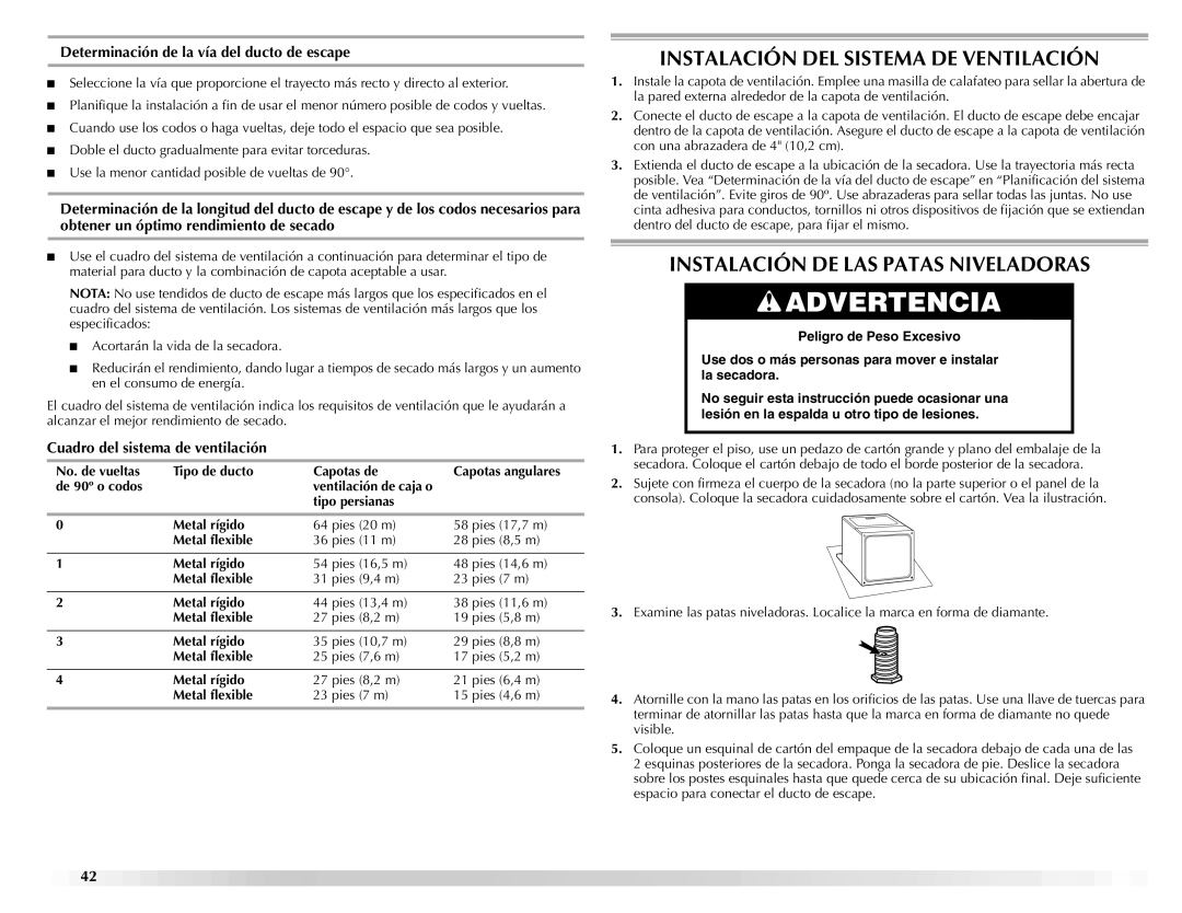 Maytag ELECTRIC DYER manual Instalación DEL Sistema DE Ventilación, Instalación DE LAS Patas Niveladoras 