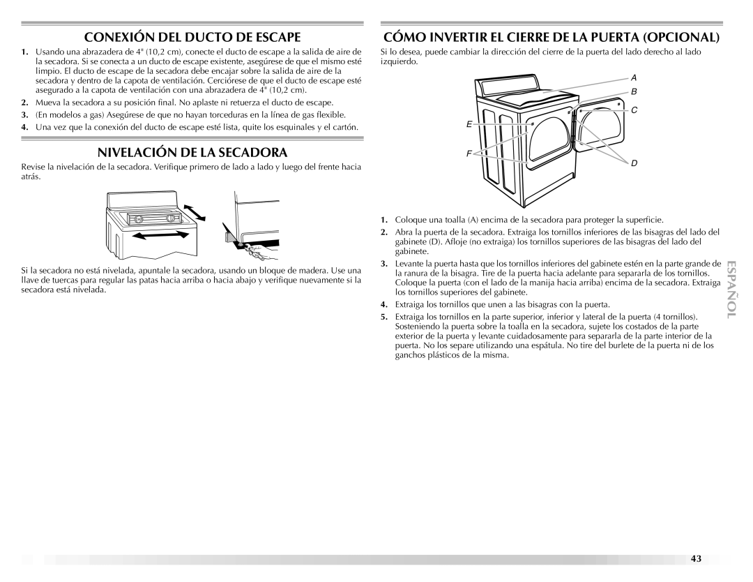 Maytag ELECTRIC DYER manual Conexión DEL Ducto DE Escape, Nivelación DE LA Secadora 