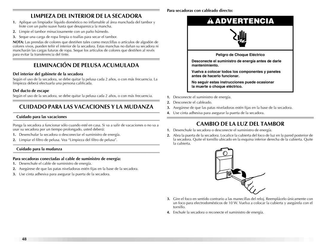 Maytag ELECTRIC DYER Limpieza DEL Interior DE LA Secadora, Eliminación DE Pelusa Acumulada, Cambio DE LA LUZ DEL Tambor 