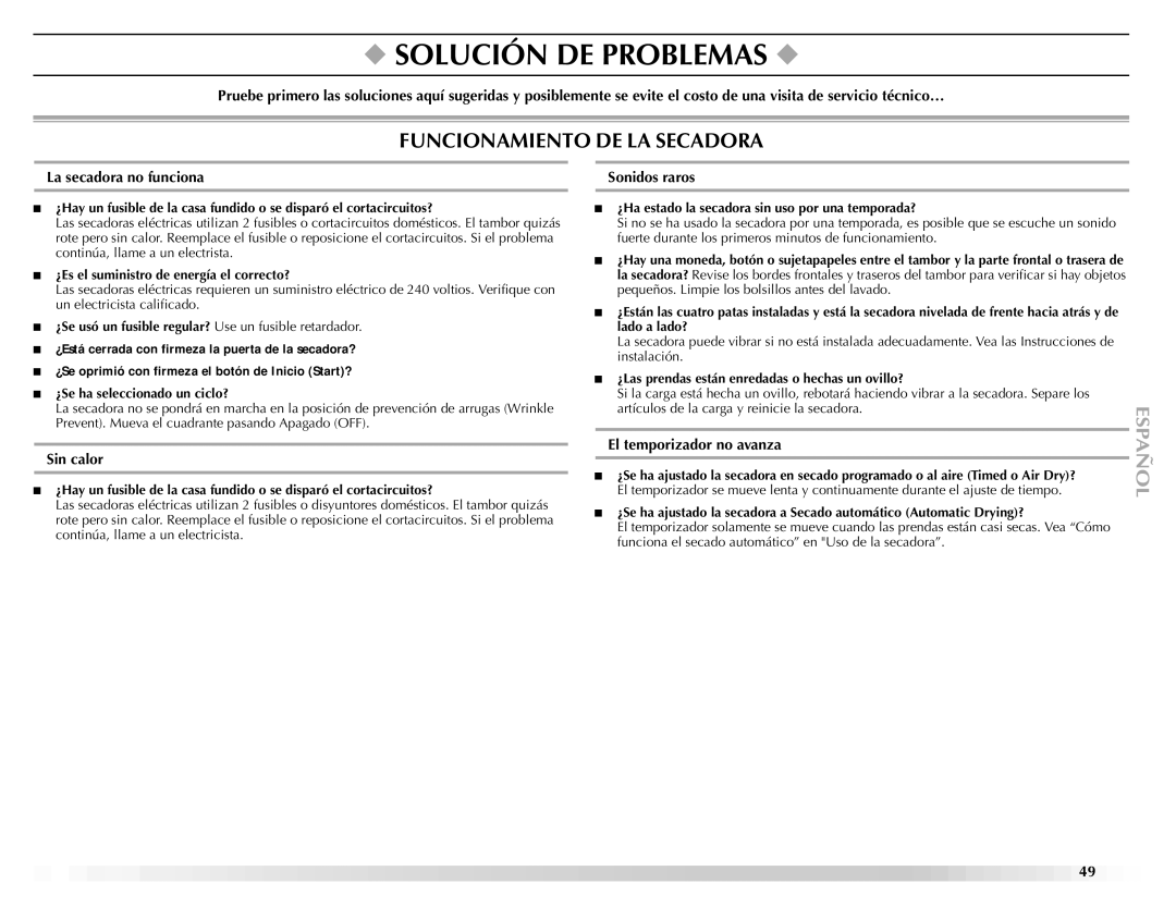 Maytag ELECTRIC DYER manual Solución DE Problemas, Funcionamiento DE LA Secadora 