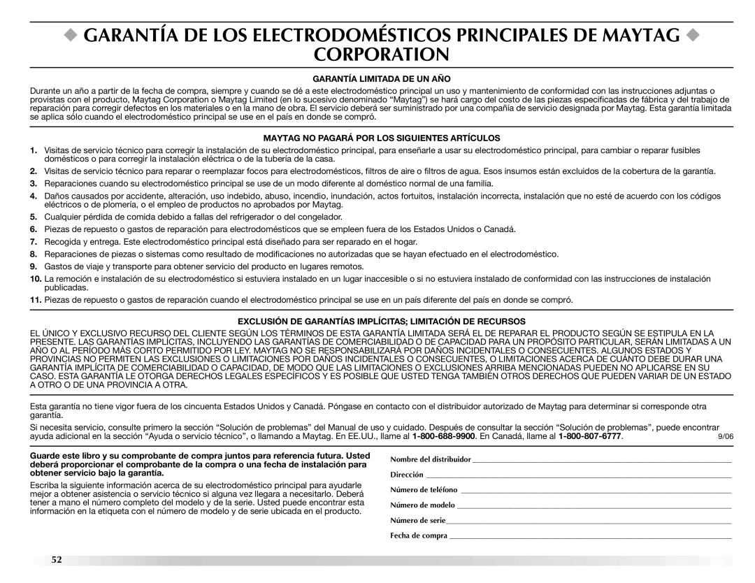 Maytag ELECTRIC DYER manual Corporation, Garantía Limitada DE UN AÑO 