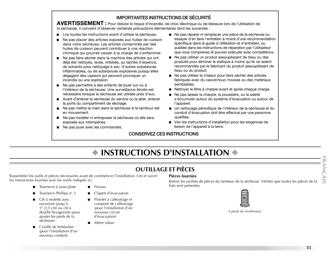 Maytag ELECTRIC DYER manual Instructions Dinstallation, Outillage ET Pièces, Pièces fournies 