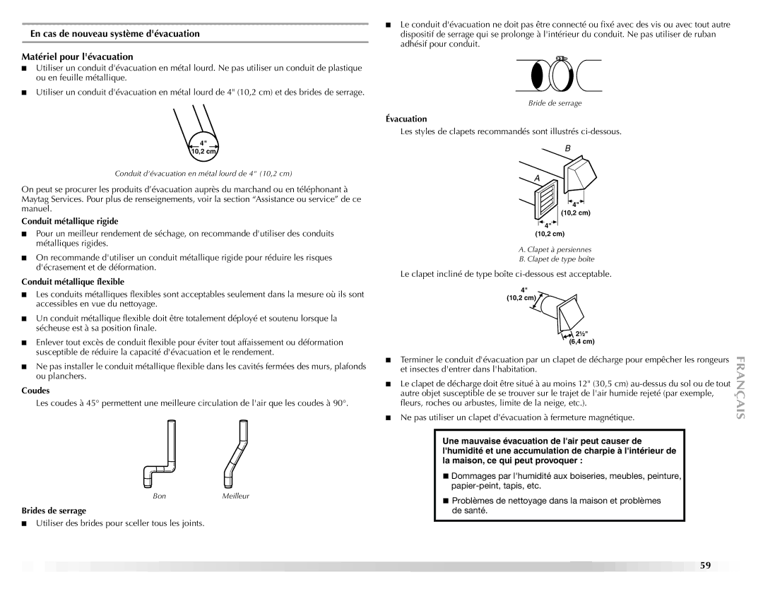 Maytag ELECTRIC DYER manual Conduit métallique rigide, Conduit métallique flexible, Coudes, Brides de serrage, Évacuation 