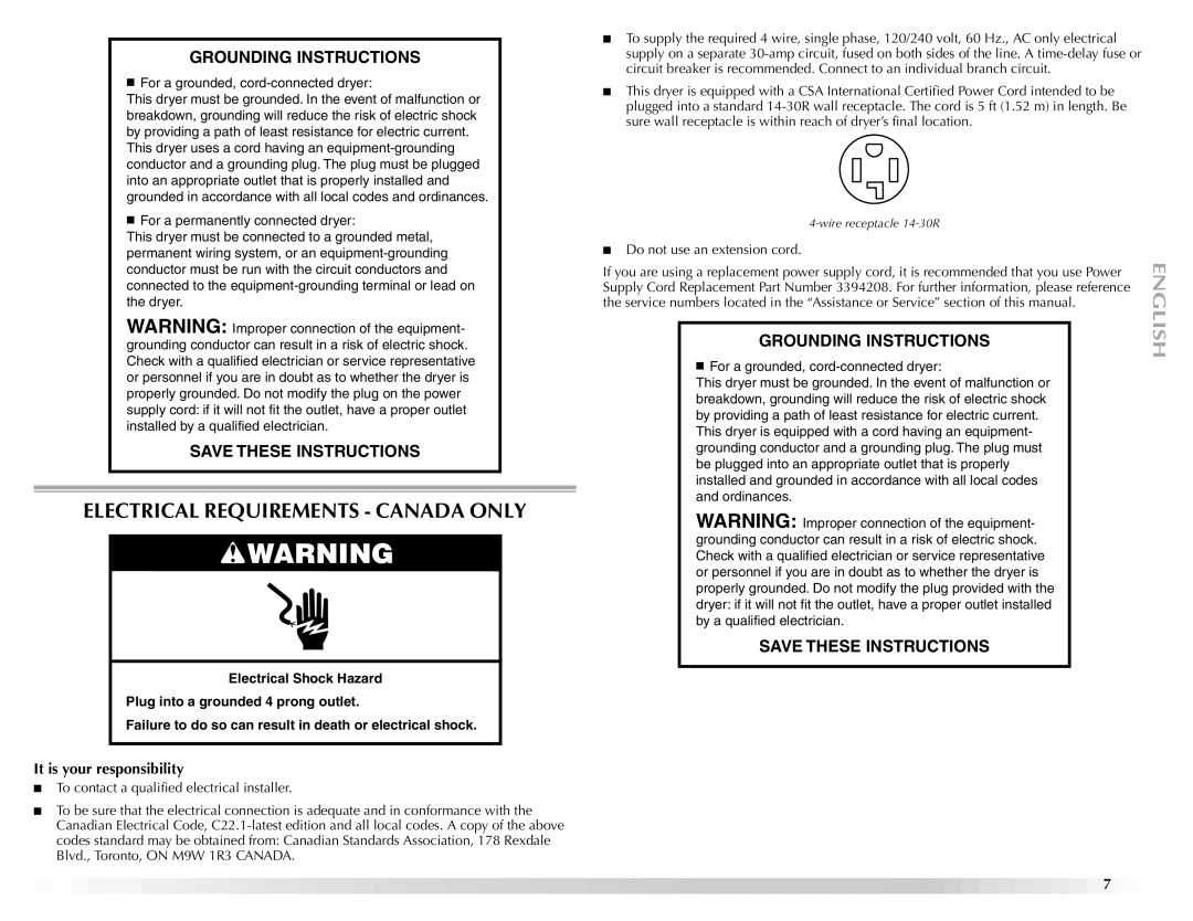 Maytag ELECTRIC DYER manual Electrical Requirements Canada only, Grounding Instructions 