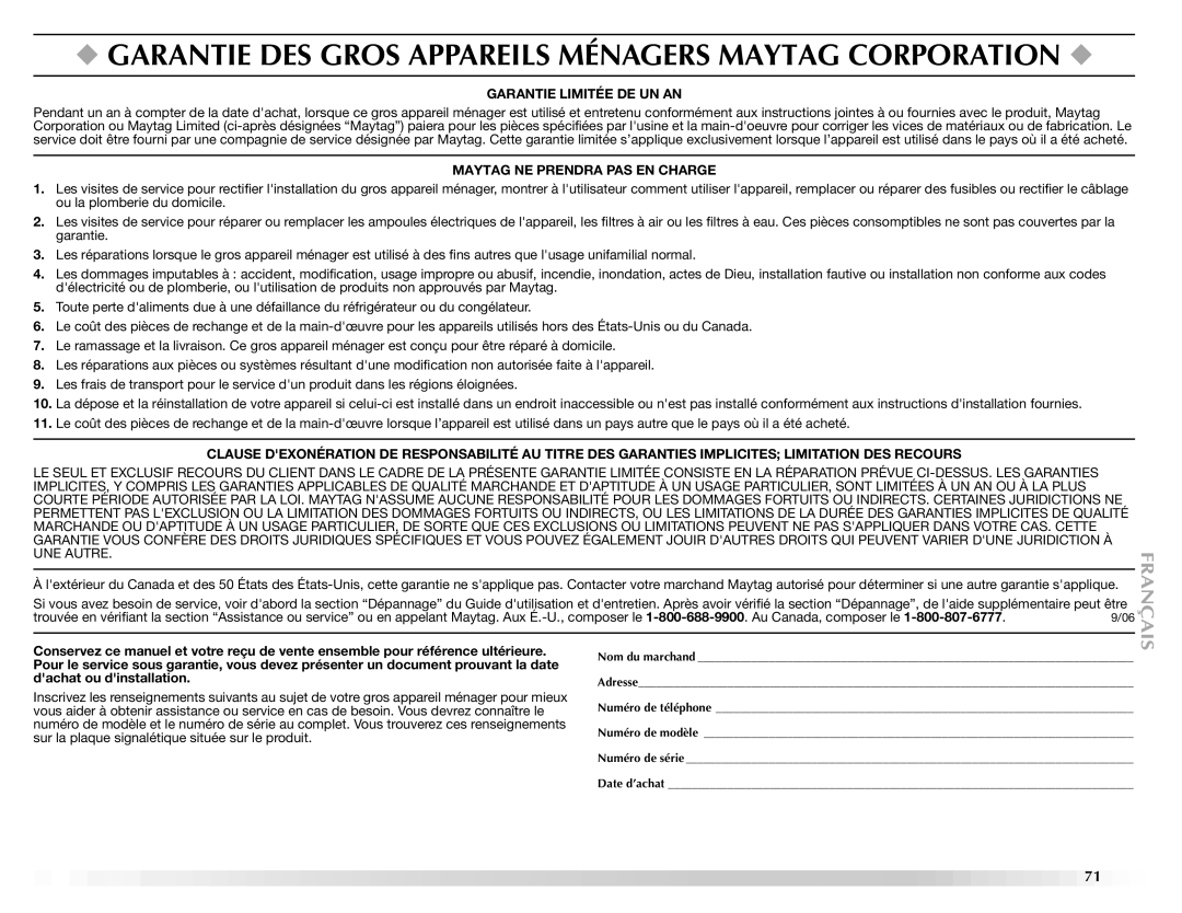 Maytag ELECTRIC DYER manual Garantie DES Gros Appareils Ménagers Maytag Corporation 