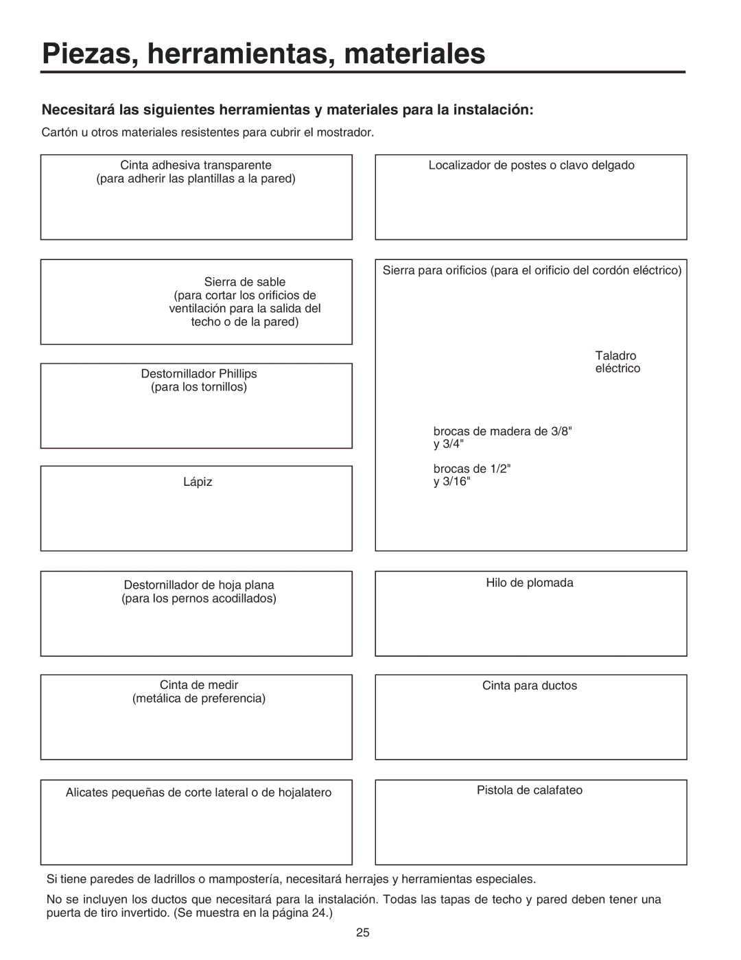 Maytag Electric Microwave installation instructions Piezas, herramientas, materiales 