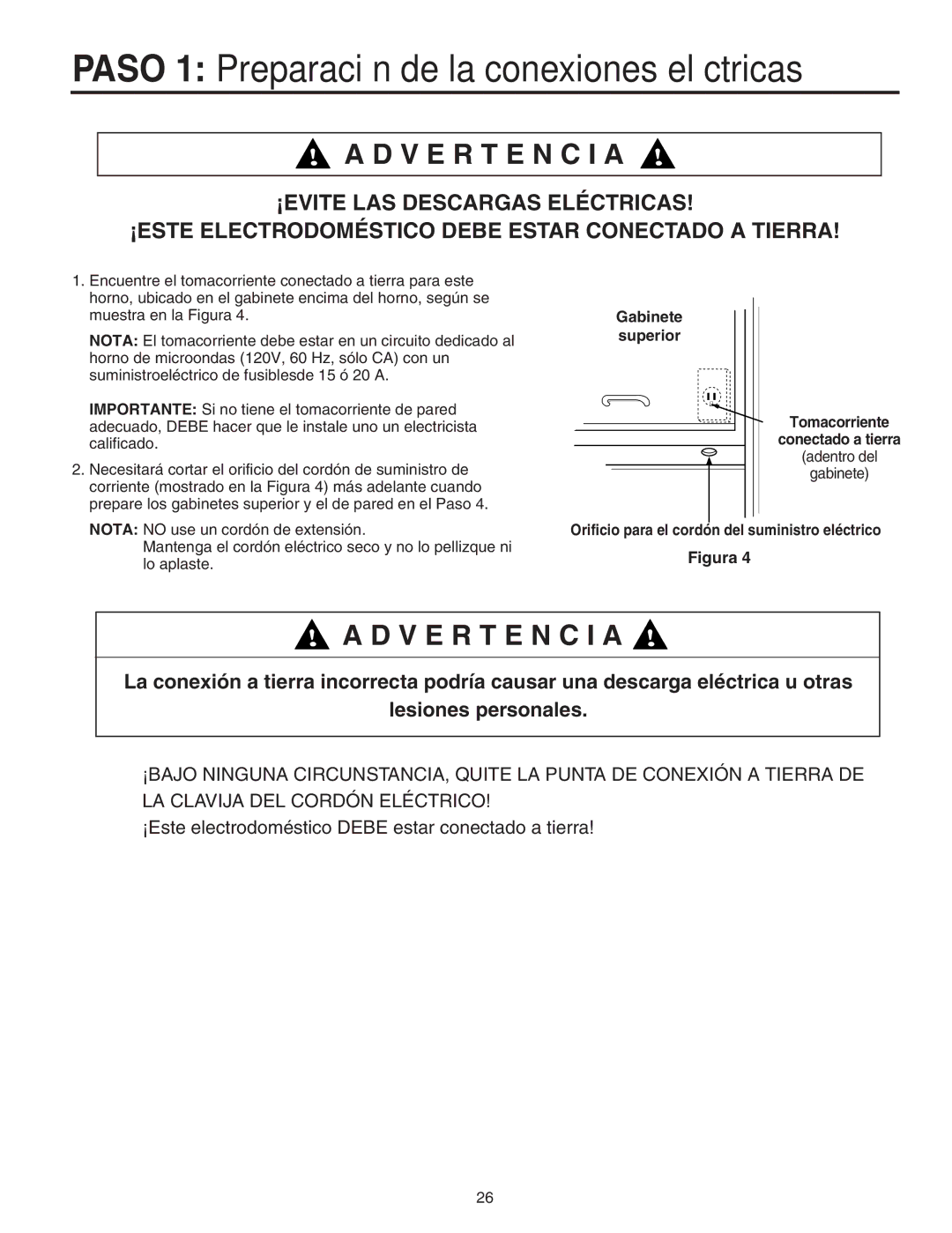 Maytag Electric Microwave installation instructions Paso 1 Preparación de la conexiones eléctricas, V E R T E N C I a 