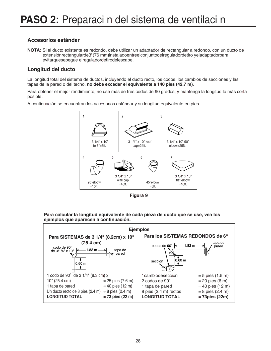 Maytag Electric Microwave installation instructions Accesorios estándar, Longitud del ducto, = 73pies 22m 