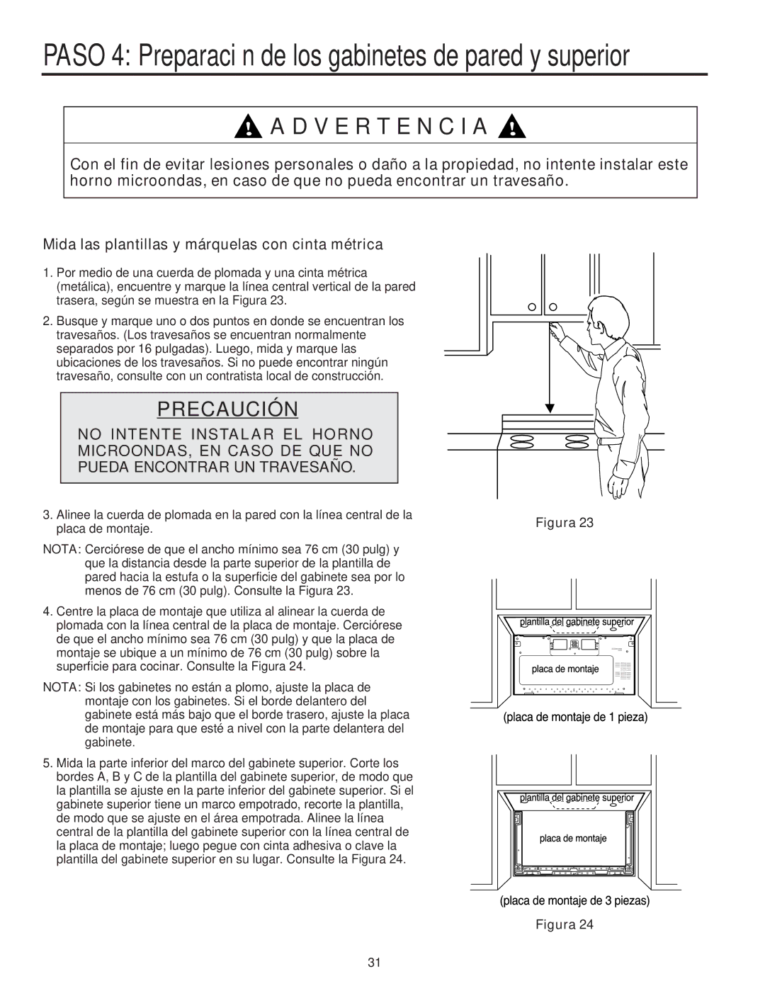 Maytag Electric Microwave installation instructions Paso 4 Preparación de los gabinetes de pared y superior 