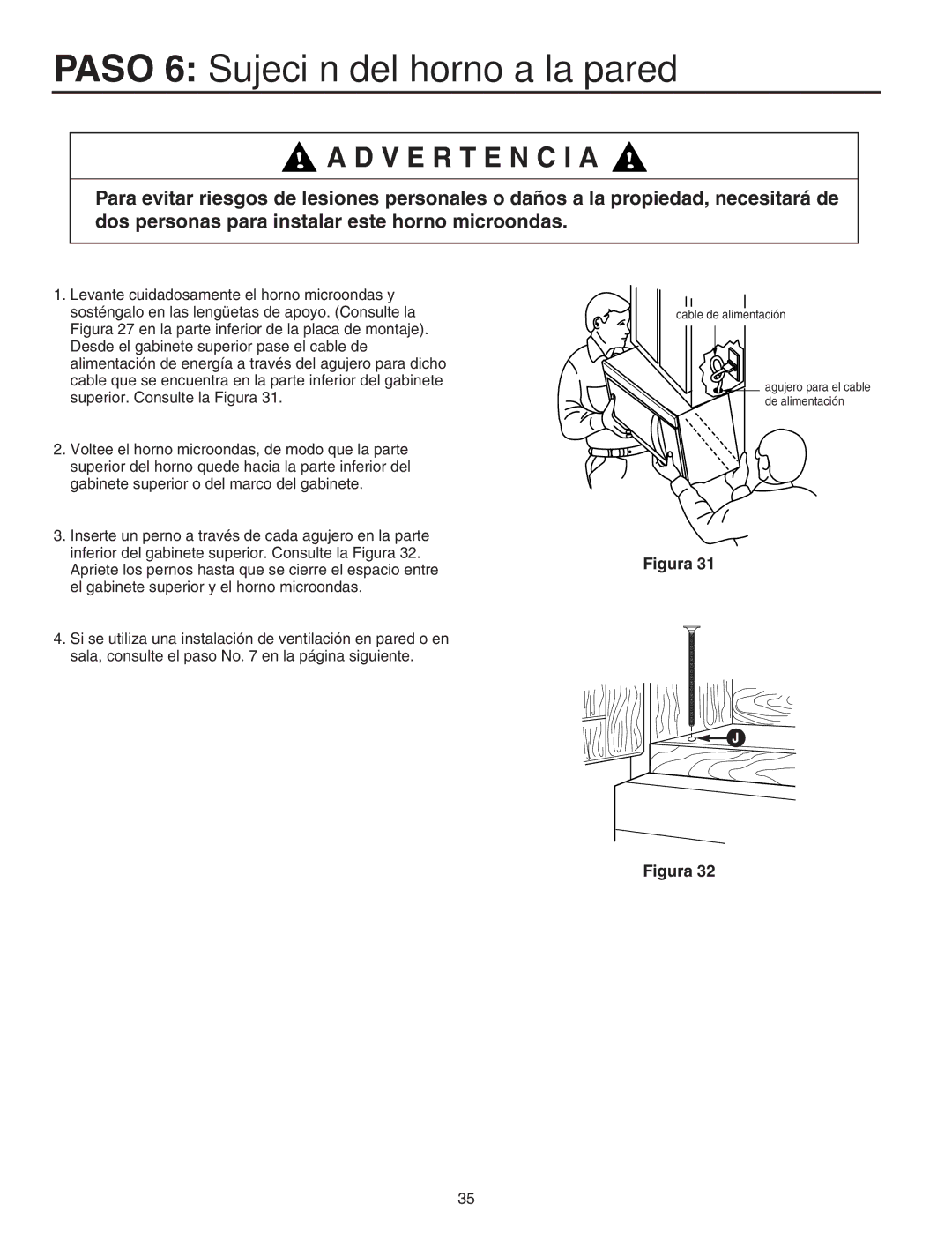 Maytag Electric Microwave installation instructions Paso 6 Sujeción del horno a la pared, V E R T E N C I a 