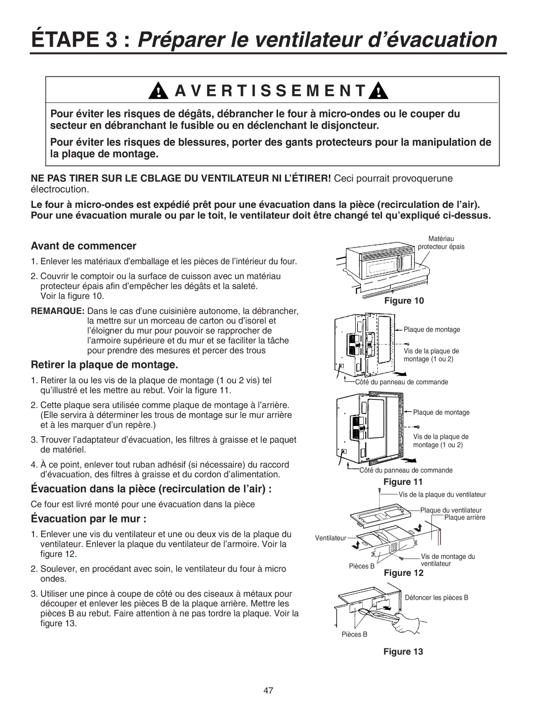 Maytag Electric Microwave installation instructions Étape 3 Préparer le ventilateur d’évacuation, E R T I S S E M E N T 