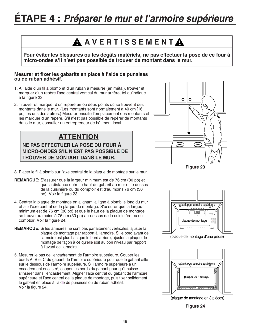 Maytag Electric Microwave installation instructions Étape 4 Préparer le mur et l’armoire supérieure, ’avant de l’armoire 