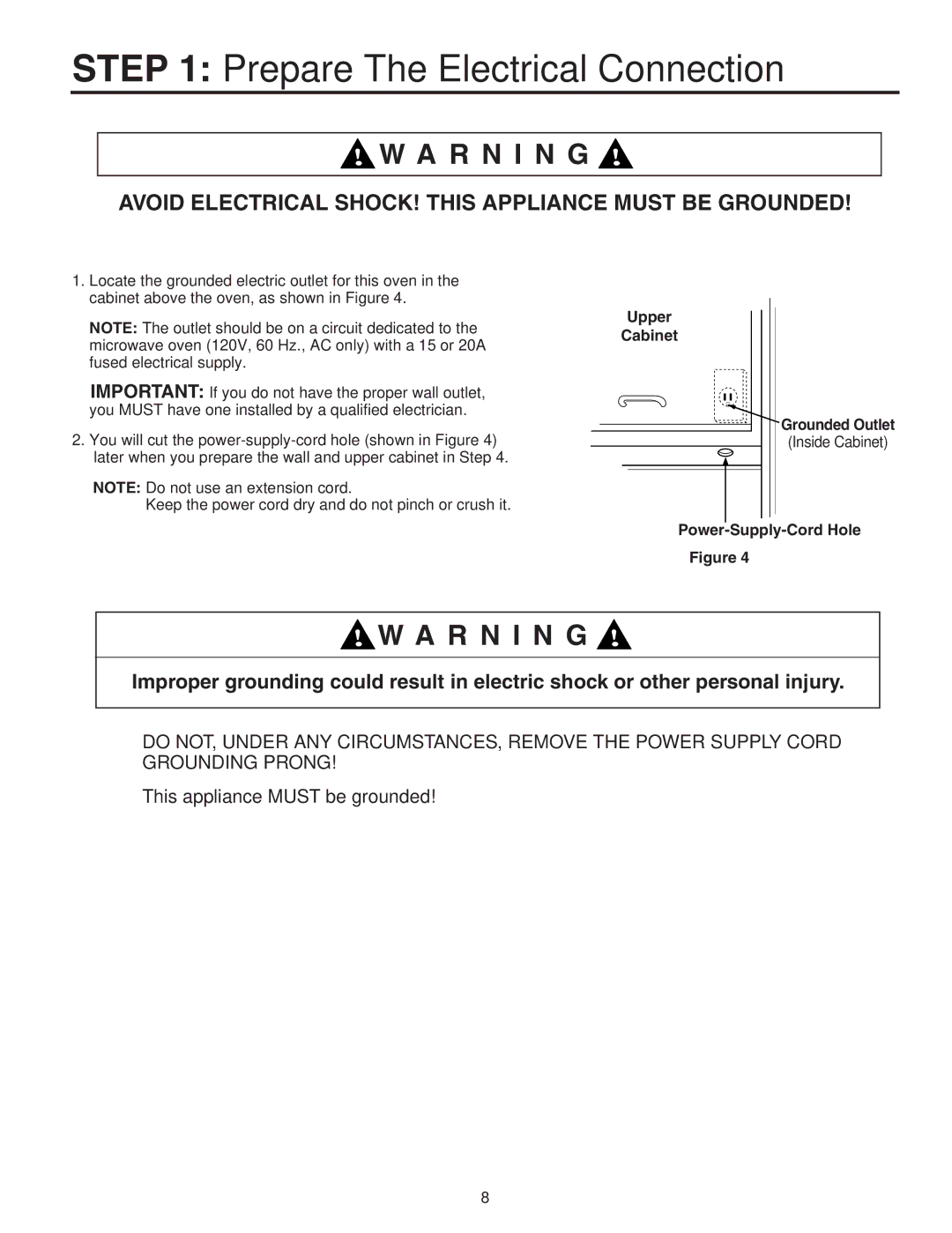 Maytag Electric Microwave Prepare The Electrical Connection, R N I N G, Upper Cabinet Grounded Outlet 