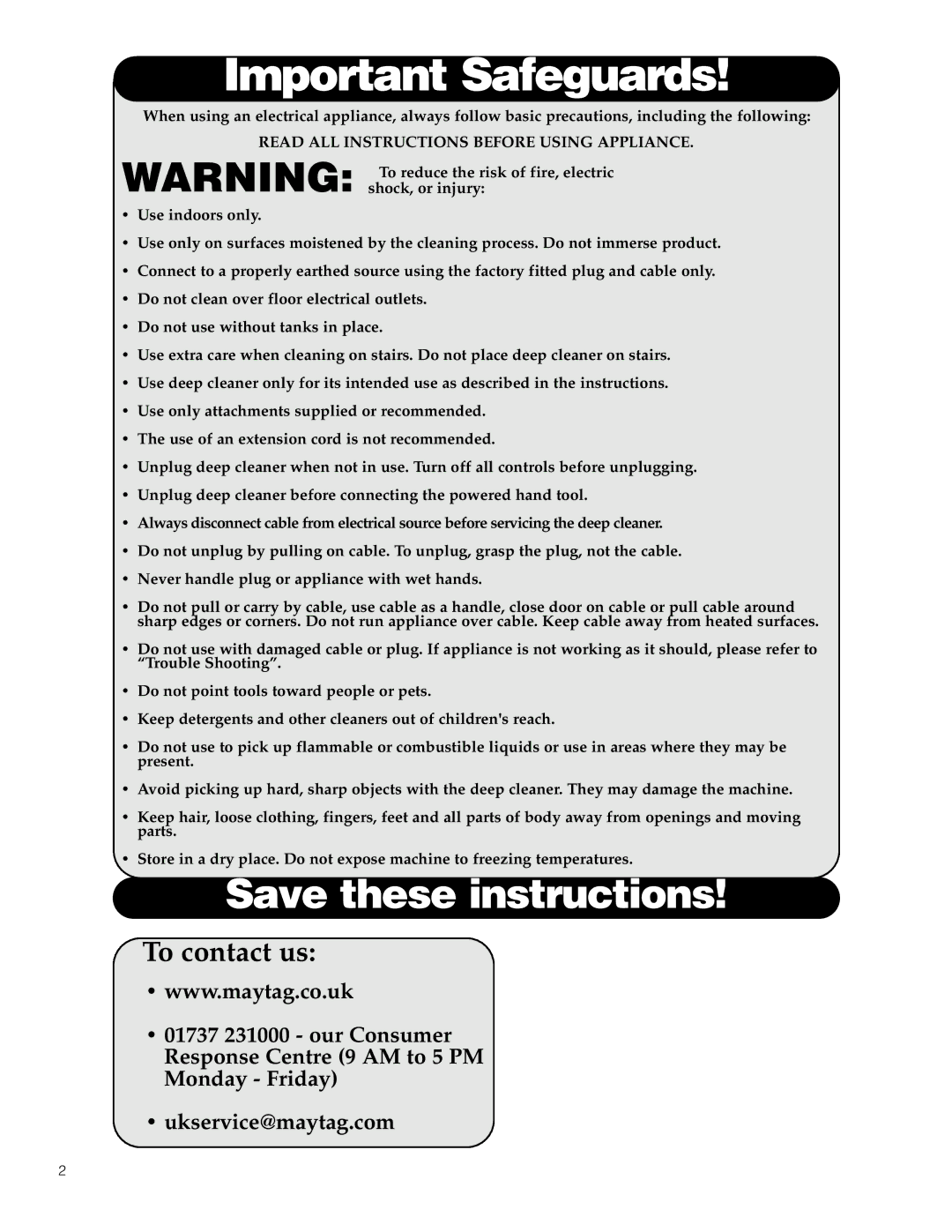 Maytag F6212901 manual Important Safeguards 