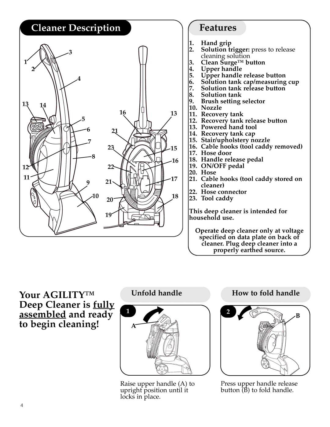 Maytag F6212901 manual Cleaner Description Features, Unfold handle How to fold handle 