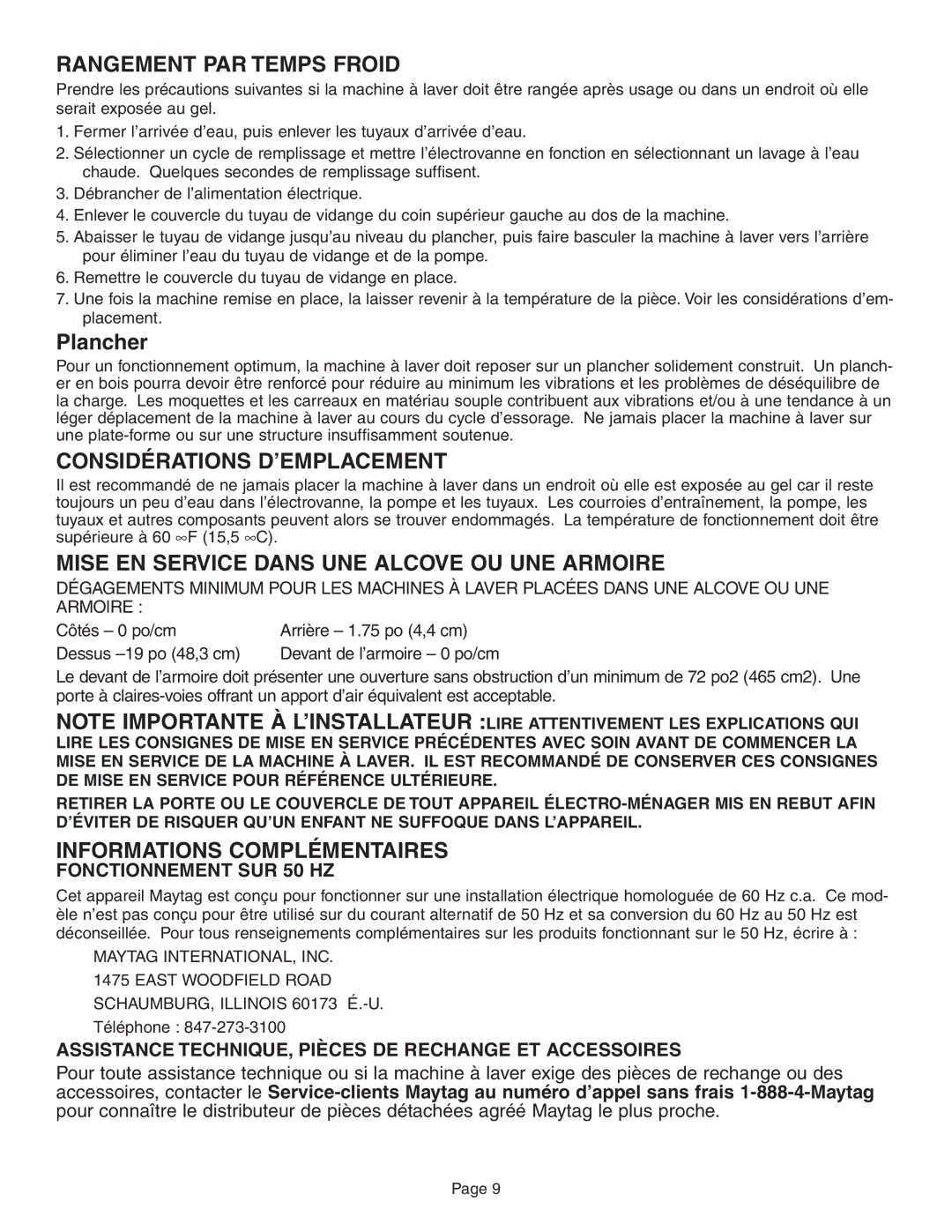 Maytag FAV6800 installation instructions Fonctionnement SUR 50 HZ, Assistance TECHNIQUE, Pièces DE Rechange ET Accessoires 