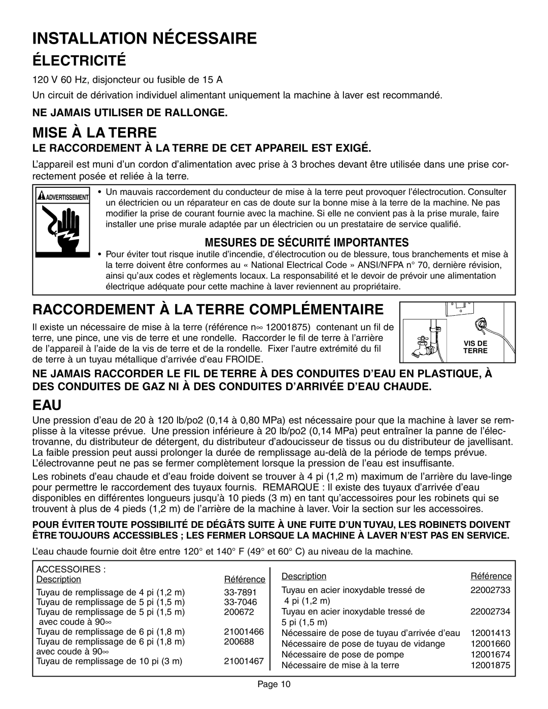 Maytag FAV6800 Installation Nécessaire, Électricité, Mise À LA Terre, Raccordement À LA Terre Complémentaire, Eau 