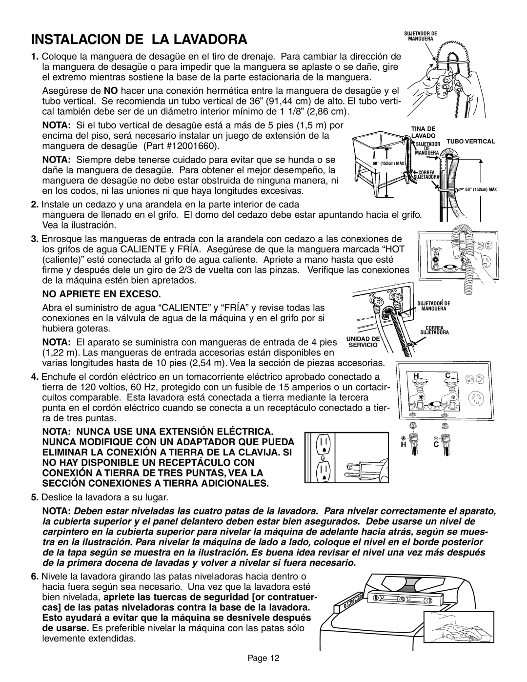 Maytag FAV6800 installation instructions Instalacion DE LA Lavadora, No Apriete EN Exceso 