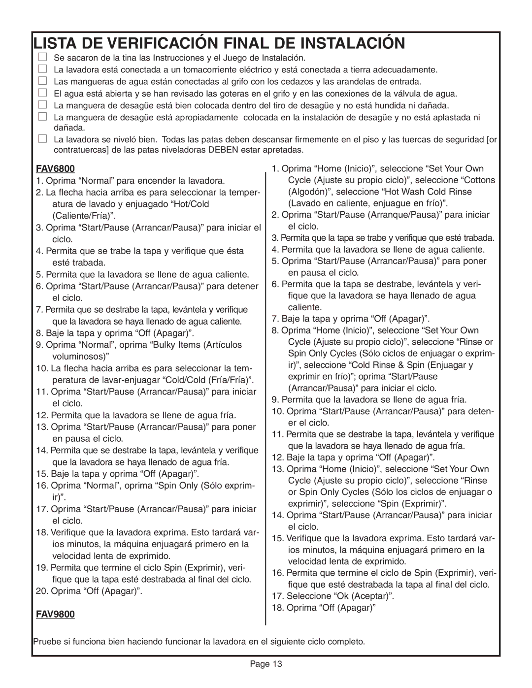 Maytag FAV6800 installation instructions Lista DE Verificación Final DE Instalación 