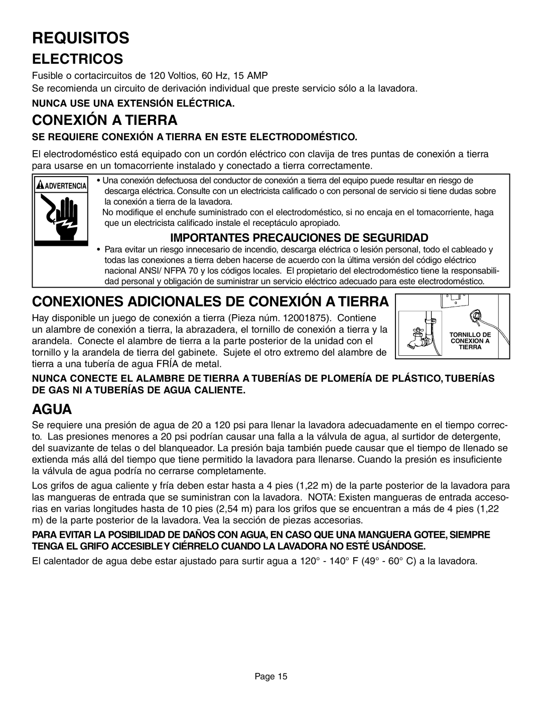 Maytag FAV6800 installation instructions Requisitos, Electricos, Conexiones Adicionales DE Conexión a Tierra, Agua 