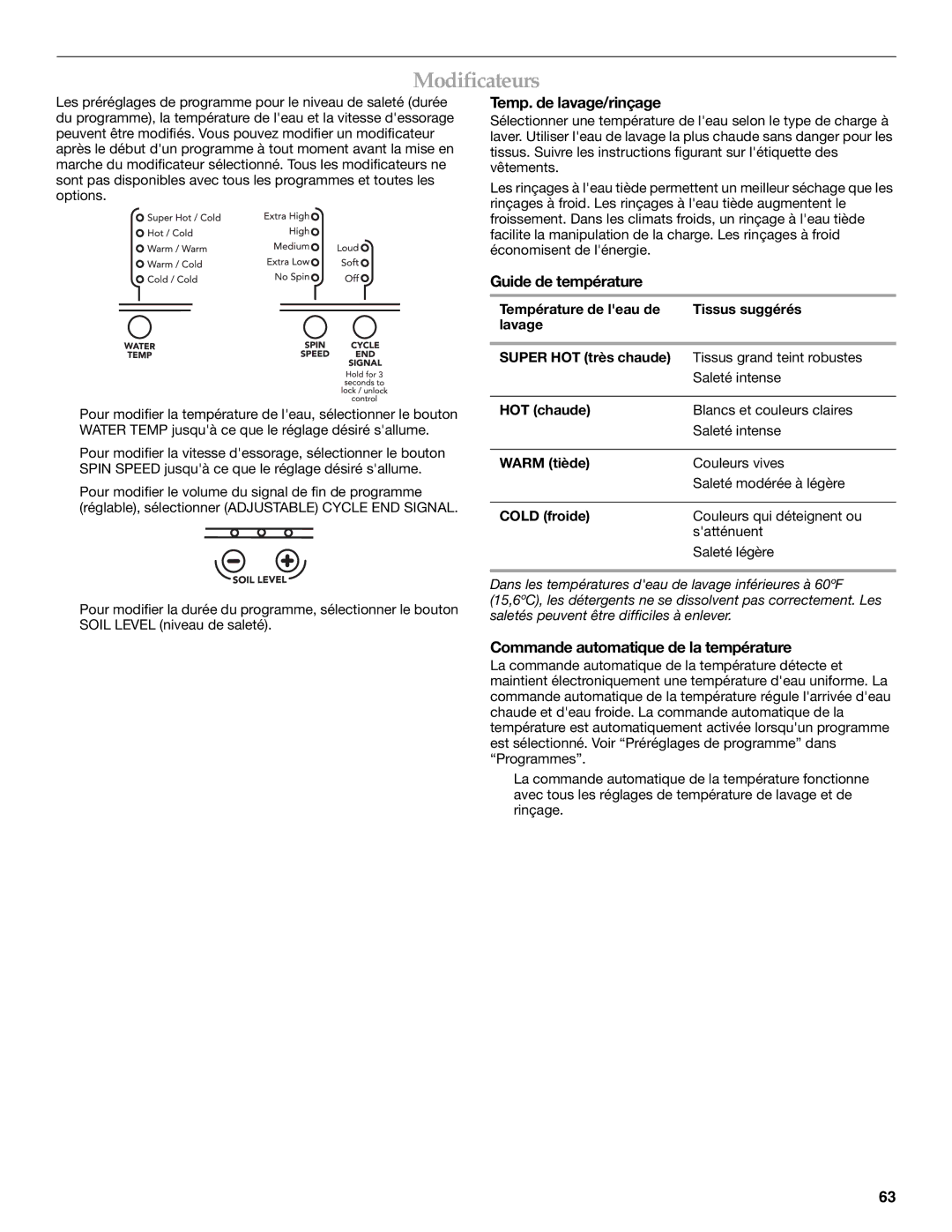 Maytag FRONT-LOADINGAUTOMATICWASHER Temp. de lavage/rinçage, Guide de température, HOT chaude, Warm tiède, Cold froide 