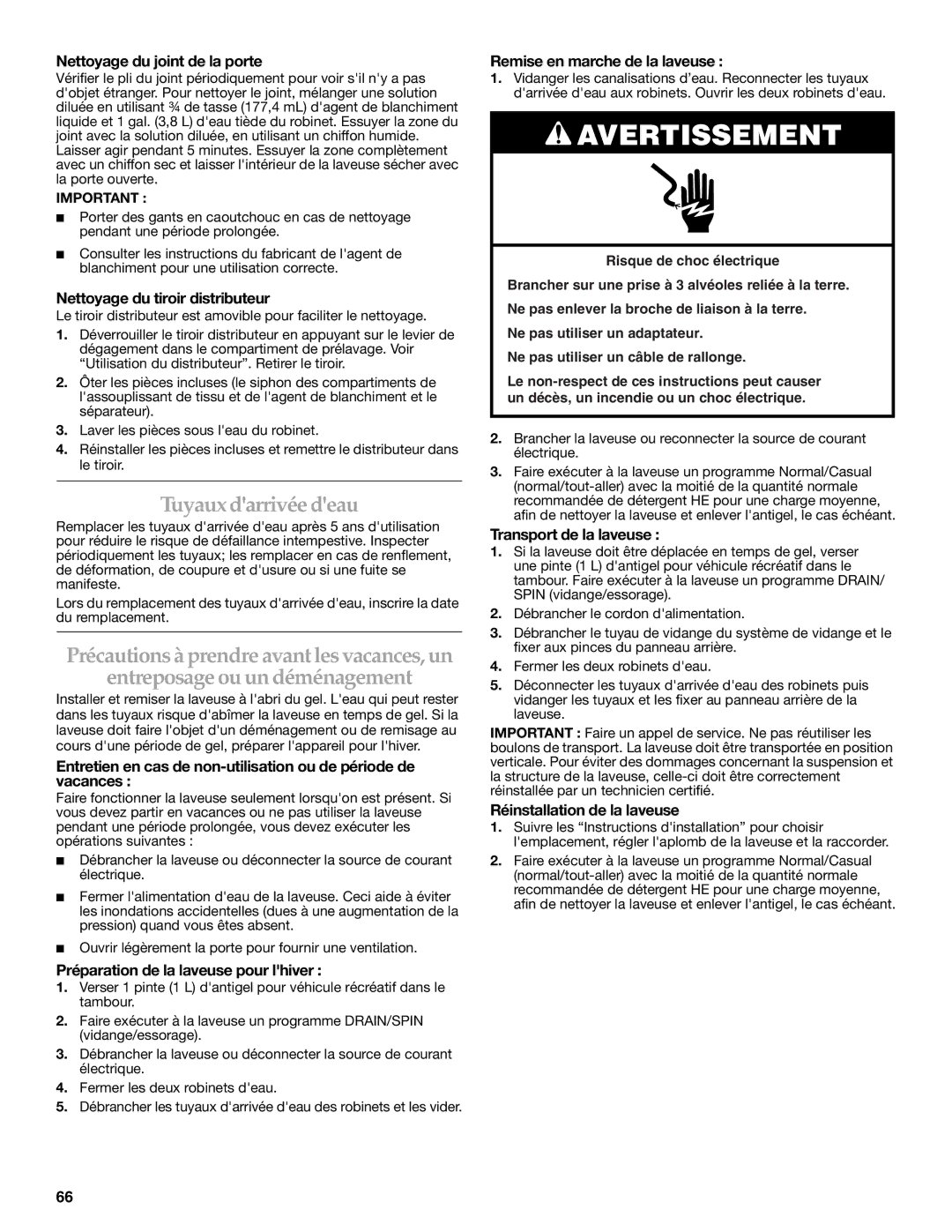 Maytag FRONT-LOADINGAUTOMATICWASHER manual Tuyaux darrivée deau, Entreposage ou un déménagement 