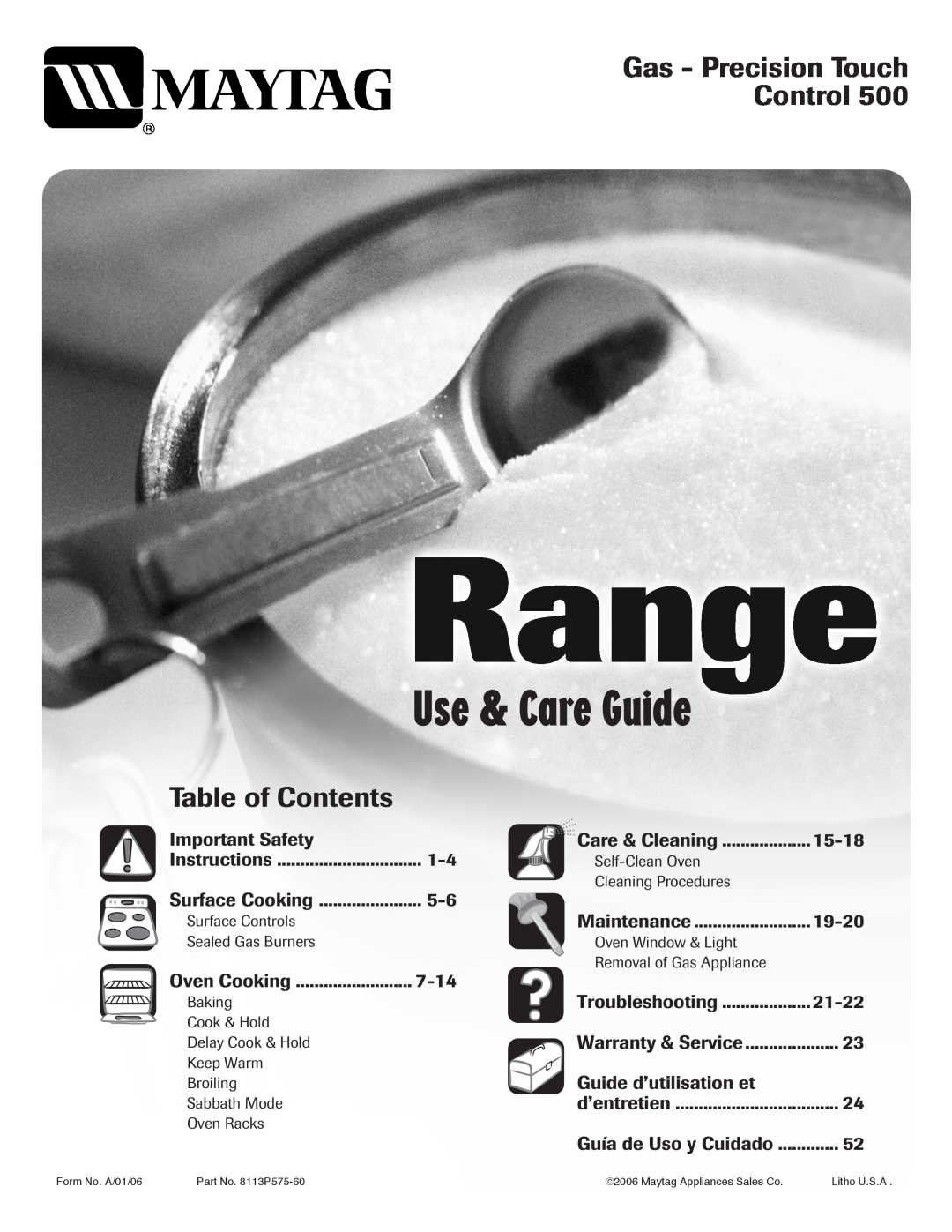 Maytag Gas - Precision Touch Control 500 Range important safety instructions Use & Care Guide, Table of Contents 