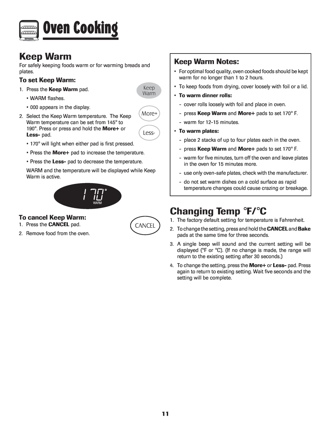 Maytag Gas - Precision Touch Control 500 Range Changing Temp F/C, Keep Warm Notes, To set Keep Warm, Oven Cooking 