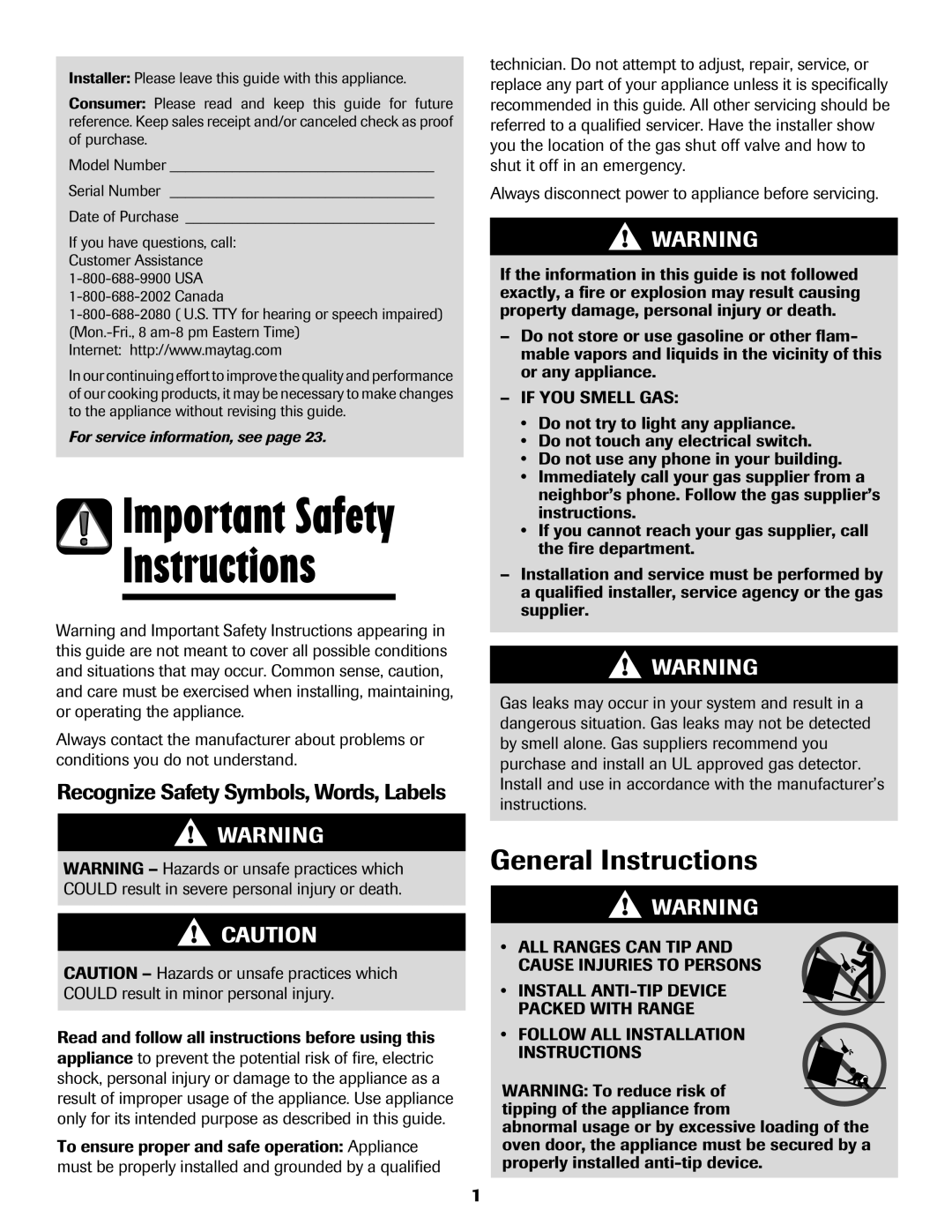 Maytag Gas - Precision Touch Control 500 Range important safety instructions Important Safety, General Instructions 