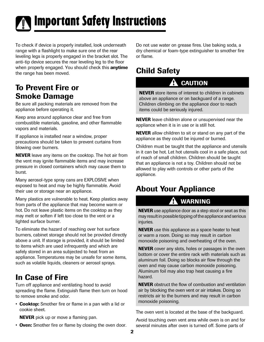 Maytag Gas - Precision Touch Control 500 Range Important Safety Instructions, To Prevent Fire or Smoke Damage 