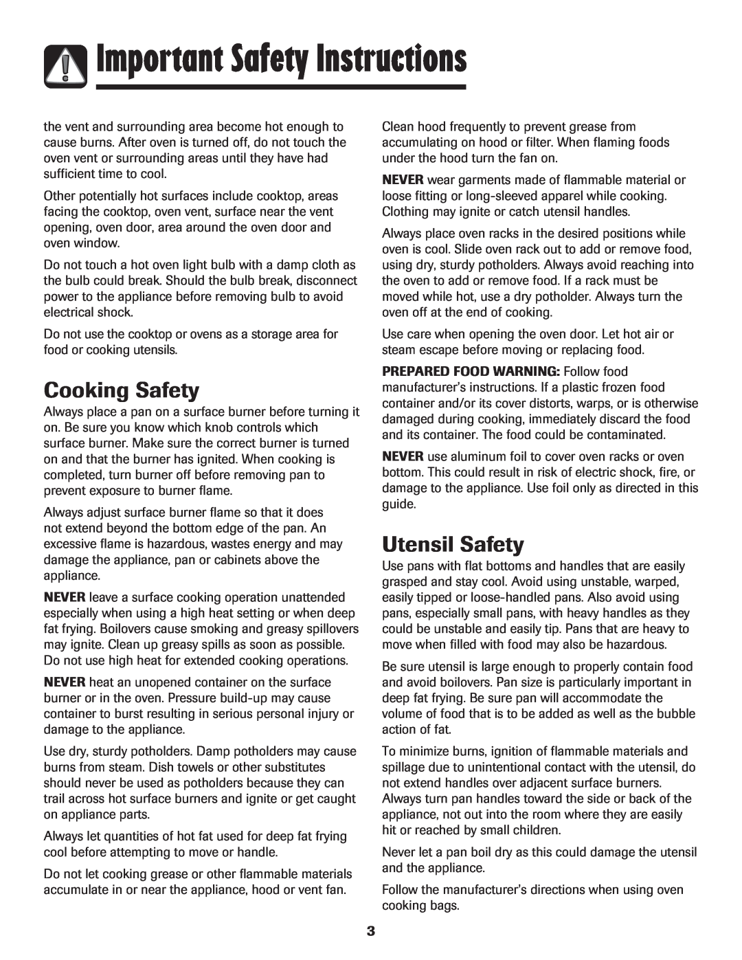 Maytag Gas - Precision Touch Control 500 Range Cooking Safety, Utensil Safety, Important Safety Instructions 