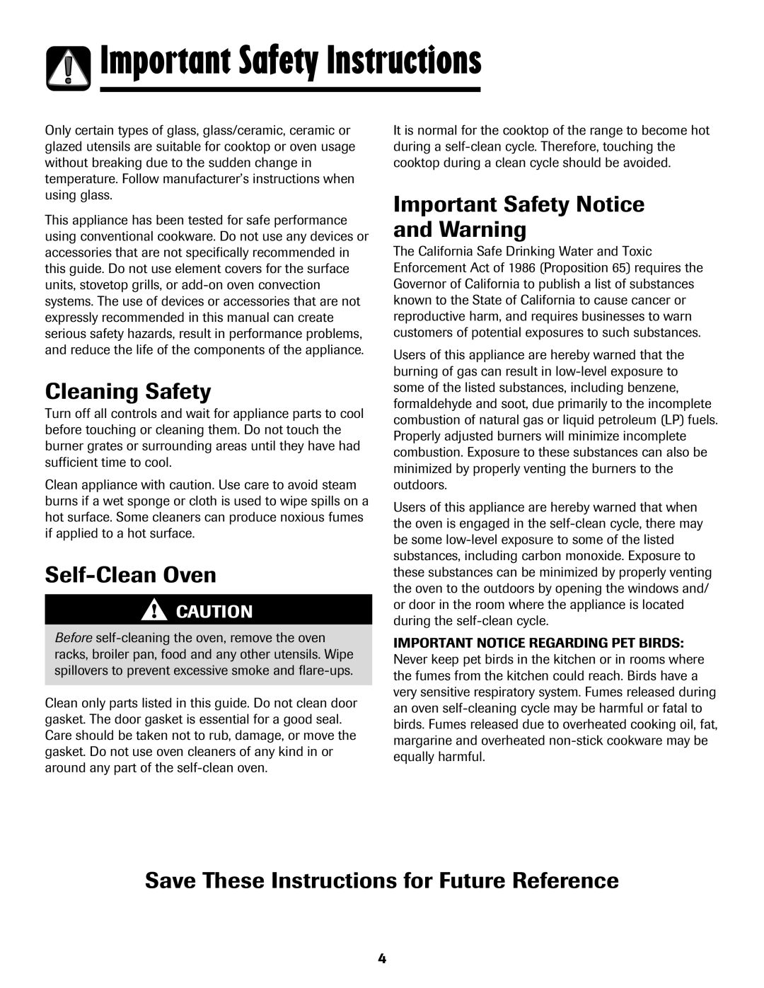 Maytag Gas - Precision Touch Control 500 Range Cleaning Safety, Self-Clean Oven, Important Safety Notice and Warning 