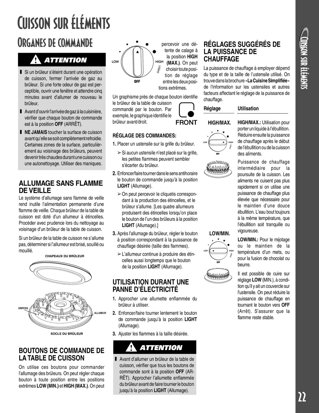 Maytag GEMINI warranty Cuisson sur éléments, Organes de commande, Allumage Sans Flamme DE Veille 