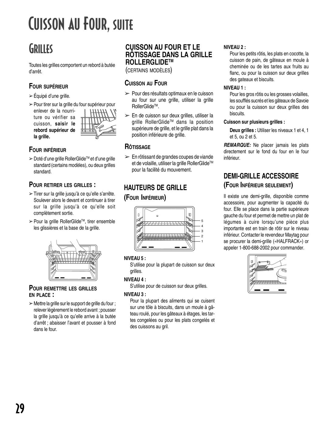 Maytag GEMINI warranty Grilles, DEMI-GRILLE Accessoire, Hauteurs DE Grille 