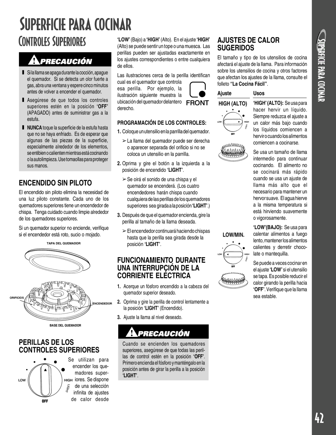 Maytag GEMINI warranty Superficie para cocinar, Ajustes DE Calor Sugeridos, Encendido SIN Piloto, Low/Min 