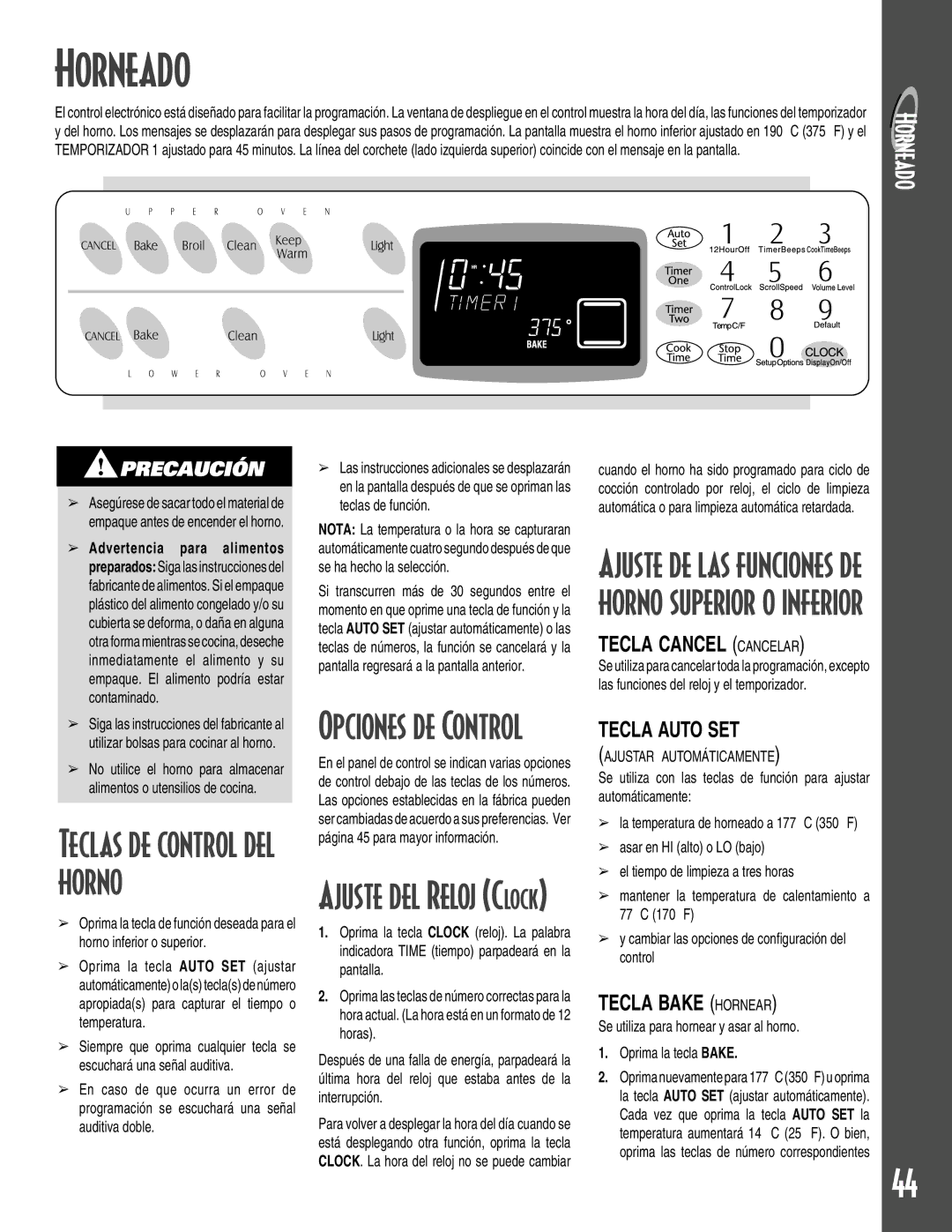 Maytag GEMINI warranty Horneado, Opciones de Control, Ajuste del Reloj Clock 