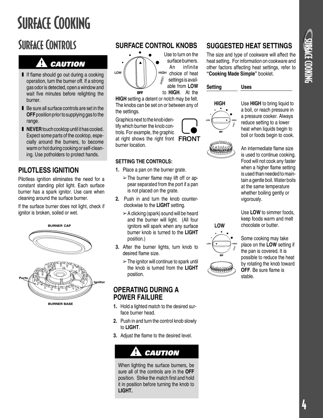 Maytag GEMINI warranty Surface Controls, Pilotless Ignition, Suggested Heat Settings, Operating During a Power Failure 