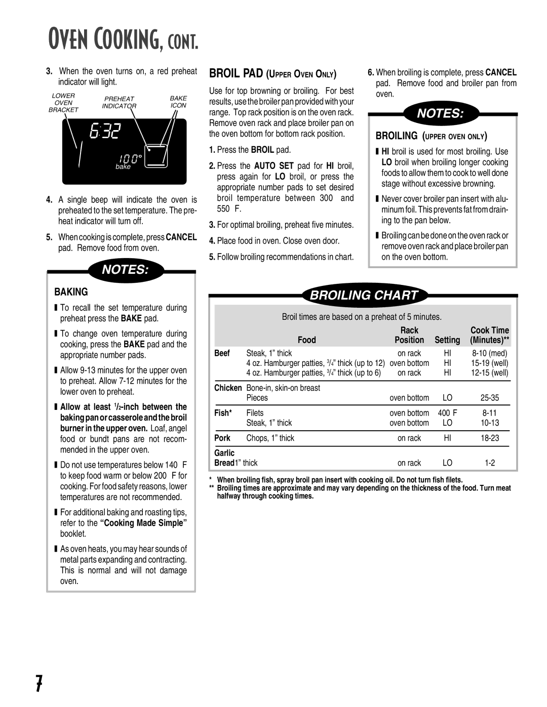 Maytag GEMINI warranty Baking, When the oven turns on, a red preheat indicator will light, Press the Broil pad, Food 