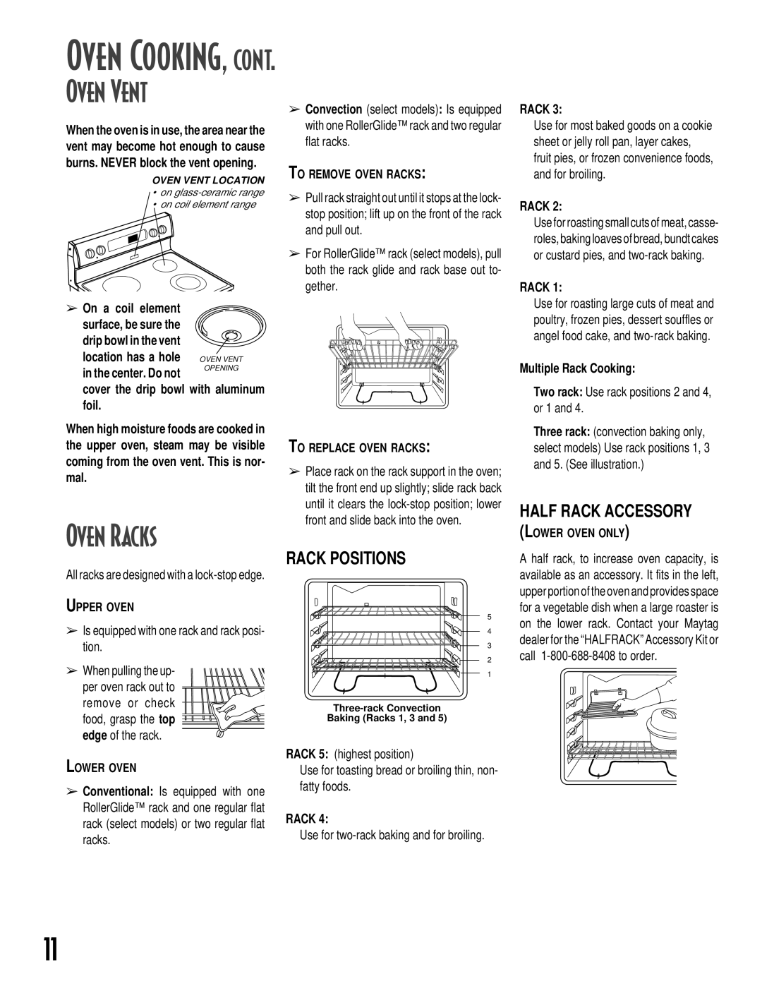 Maytag GEMINITM warranty Oven Vent, Oven Racks, Rack Positions, Half Rack Accessory 