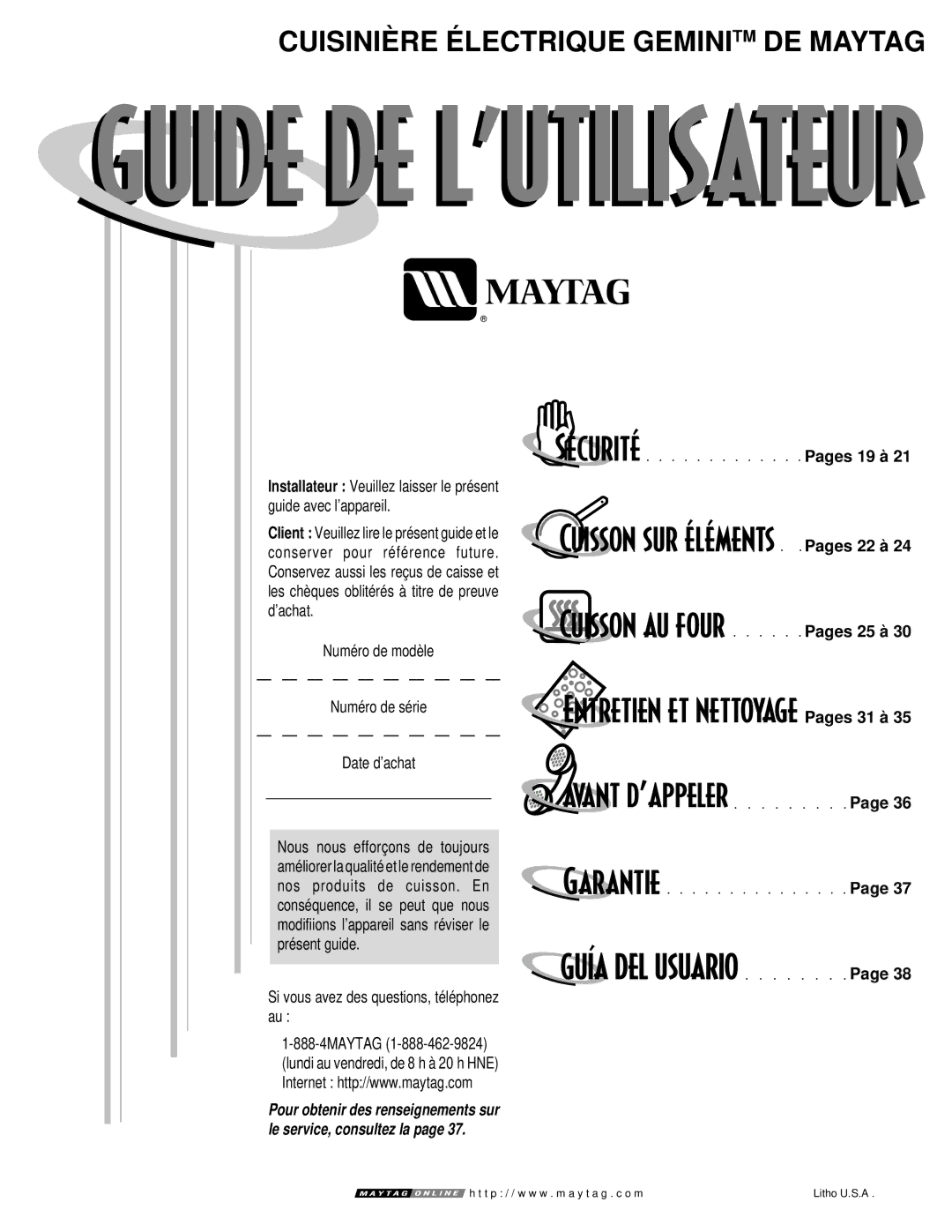 Maytag GEMINITM warranty Numéro de modèle Numéro de série Date d’achat, Si vous avez des questions, téléphonez au 