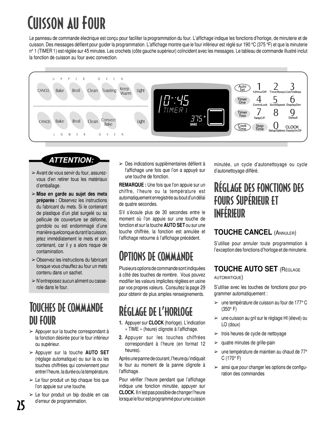 Maytag GEMINITM warranty Cuisson au Four, Réglage de l’horloge, Touche Cancel Annuler, Touche Auto SET Réglage 